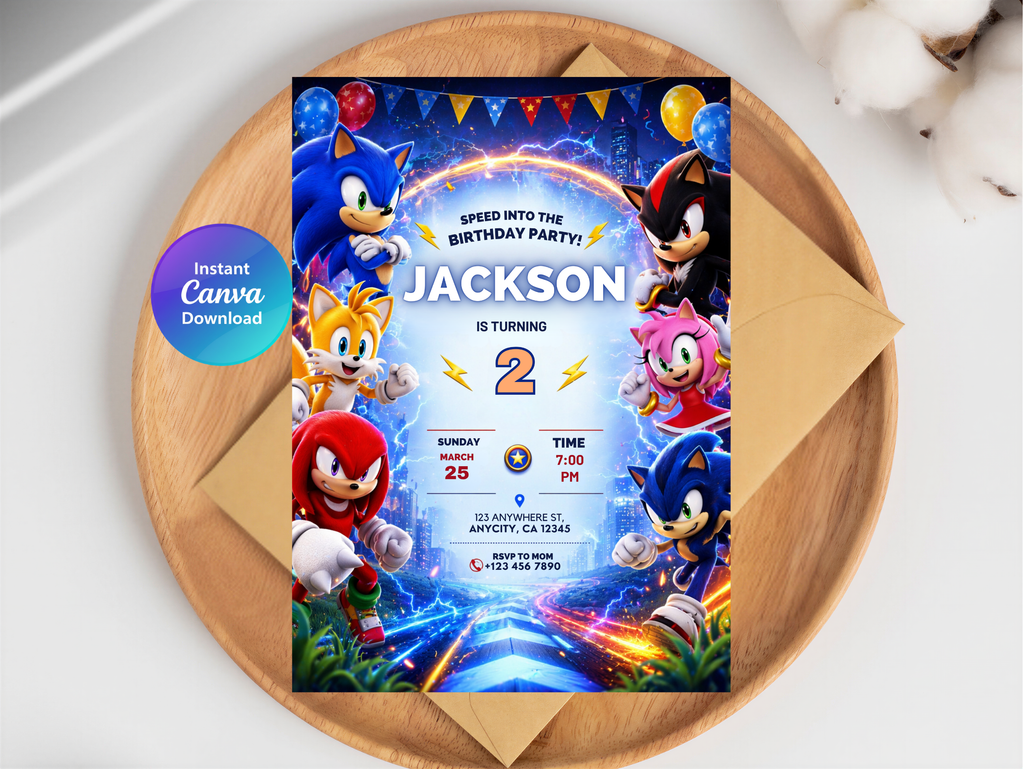 Sonic Birthday Invitation, Digital Instant Download in Canva
