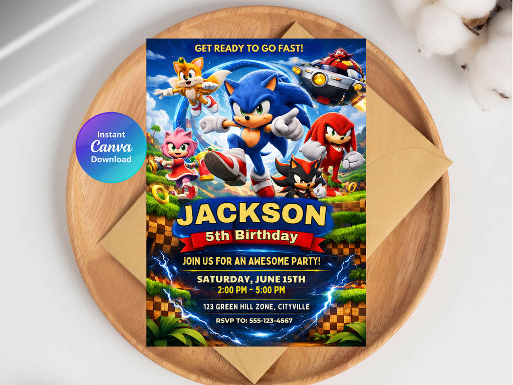 Sonic Birthday Invitation, Digital Instant Download in Canva