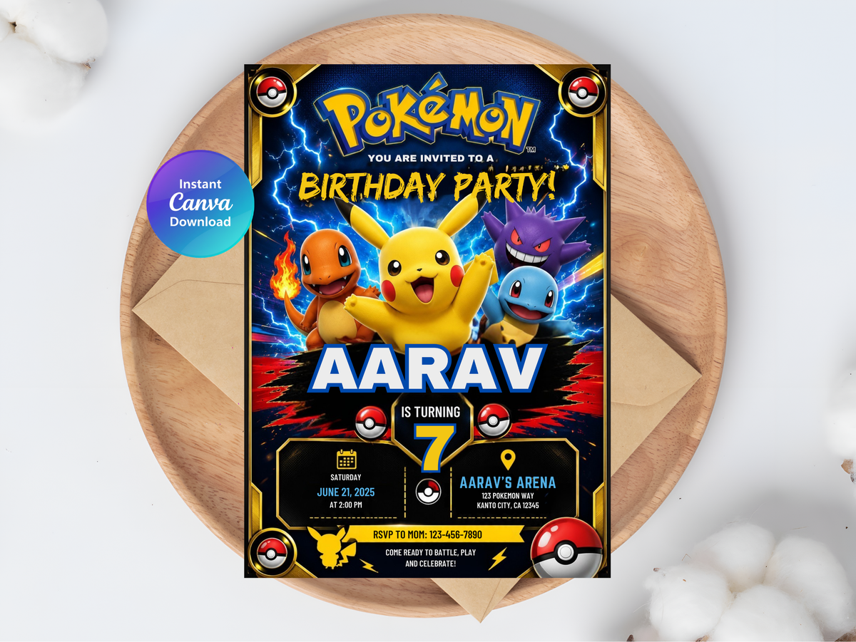 Pokemon Birthday Invitation, Digital Instant Download in Canva