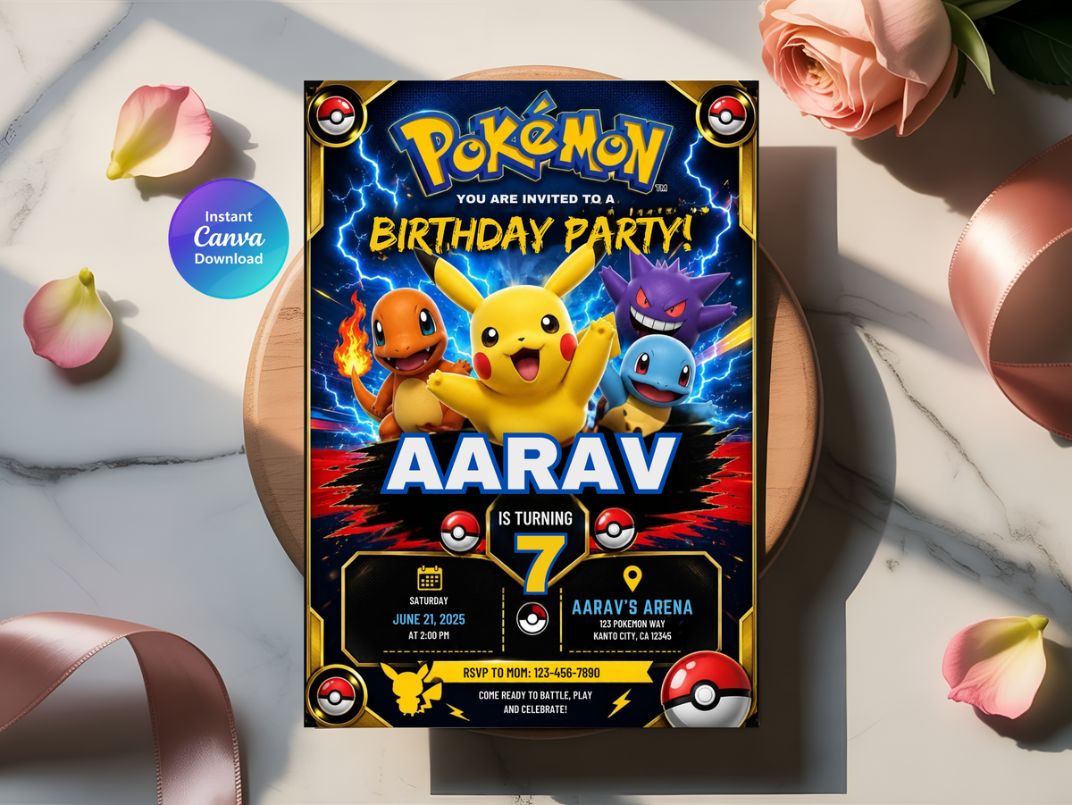 Pokemon Birthday Invitation, Digital Instant Download in Canva