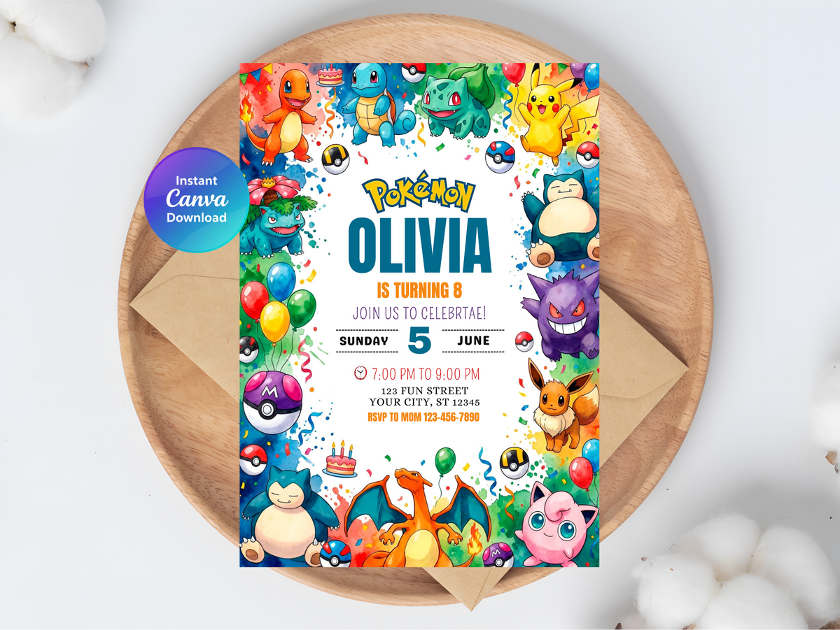 Pokemon Birthday Invitation, Digital Instant Download in Canva