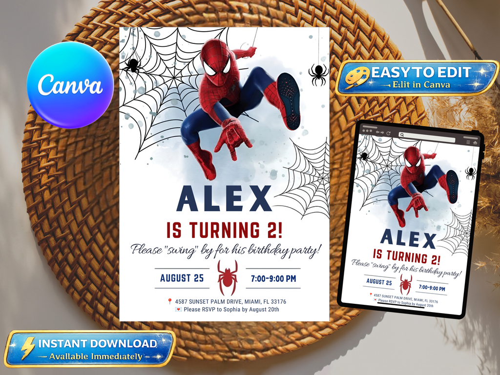 Spiderman Birthday Invitation, Digital Instant Download in Canva