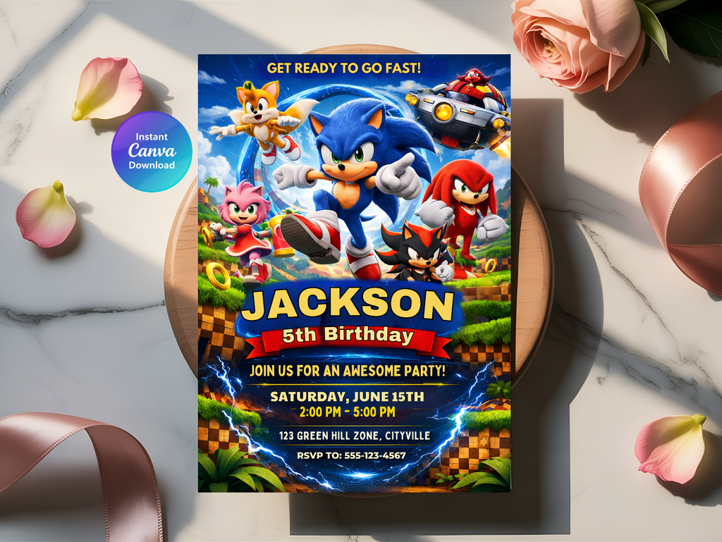 Sonic Birthday Invitation, Digital Instant Download in Canva