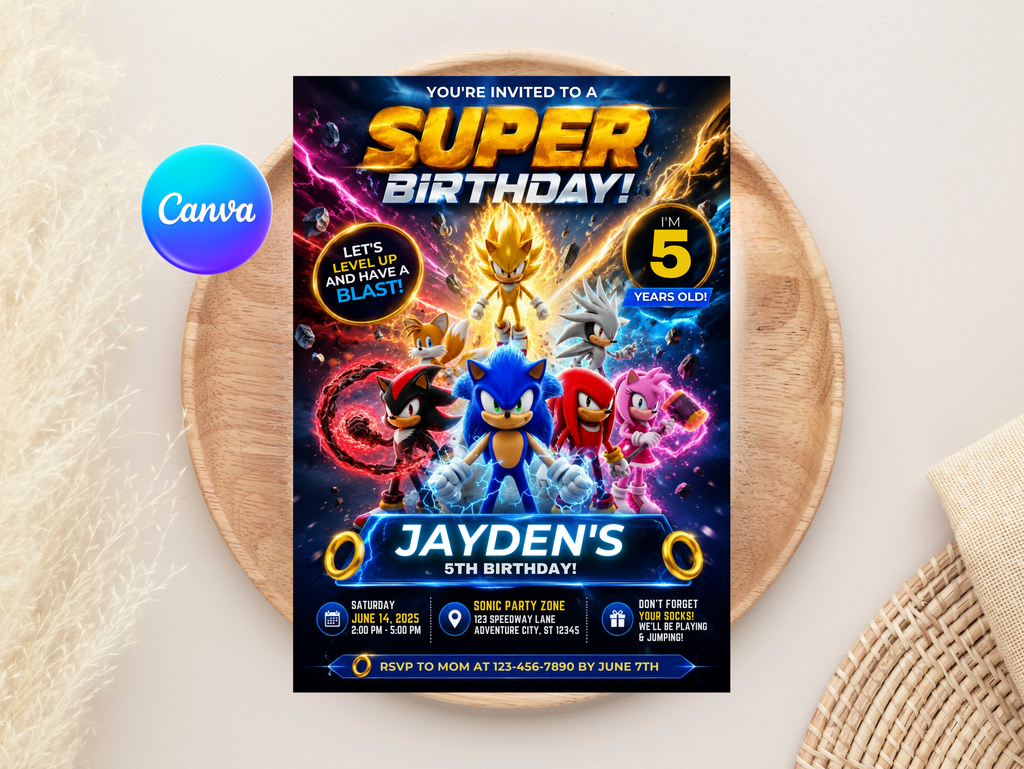 Sonic Birthday Invitation, Digital Instant Download in Canva