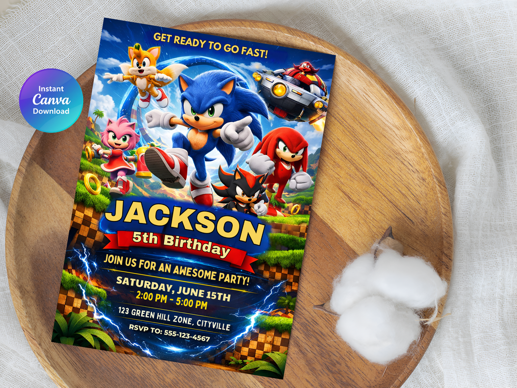 Sonic Birthday Invitation, Digital Instant Download in Canva