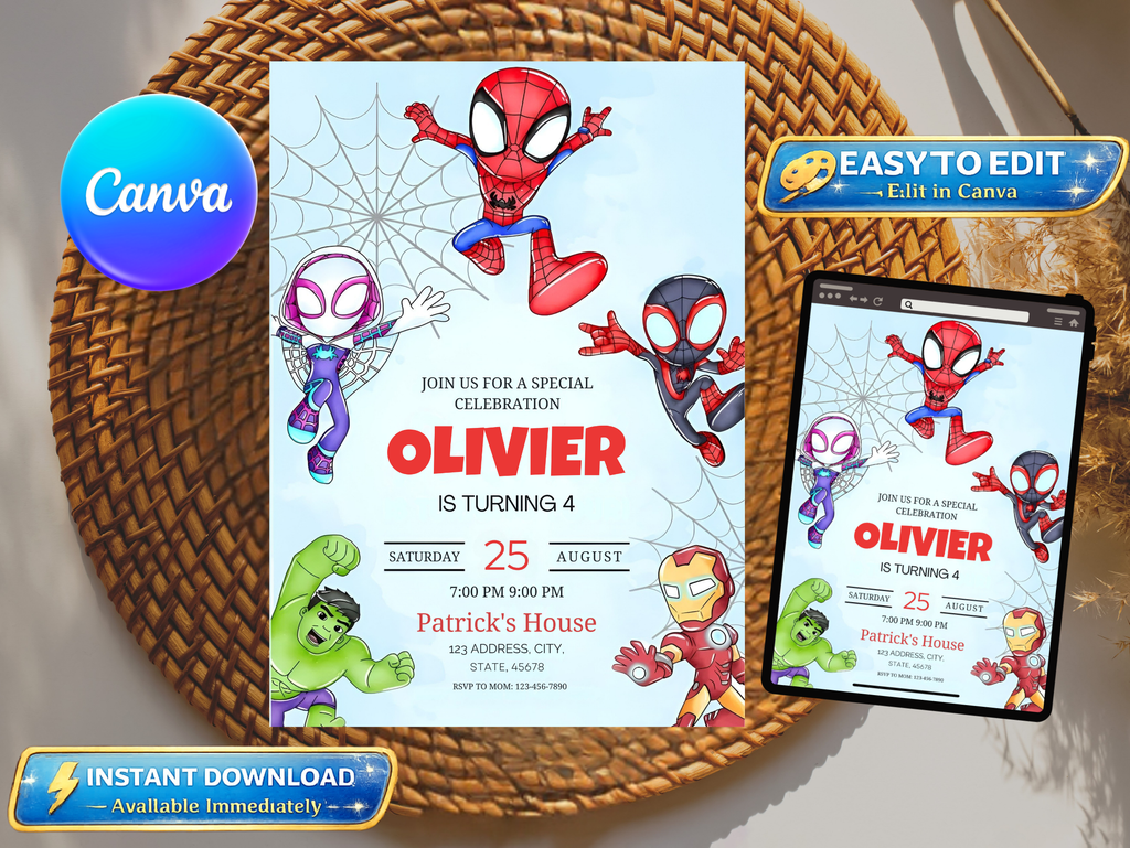 Spidey Birthday Invitation, Digital Instant Download in Canva