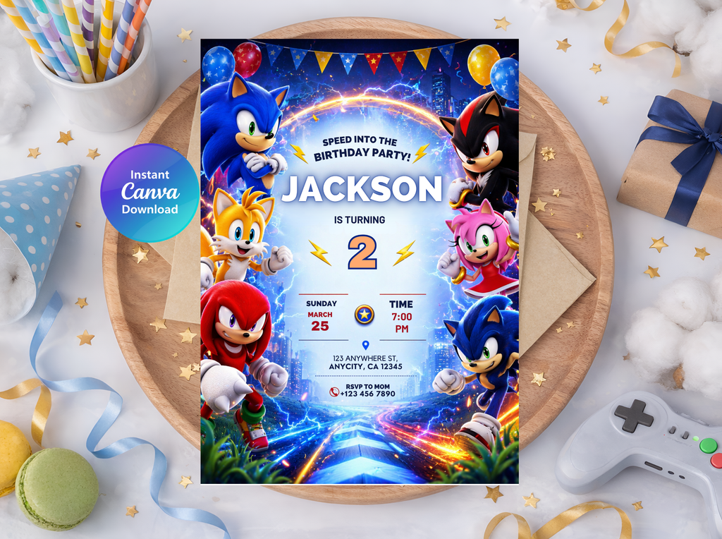 Sonic Birthday Invitation, Digital Instant Download in Canva