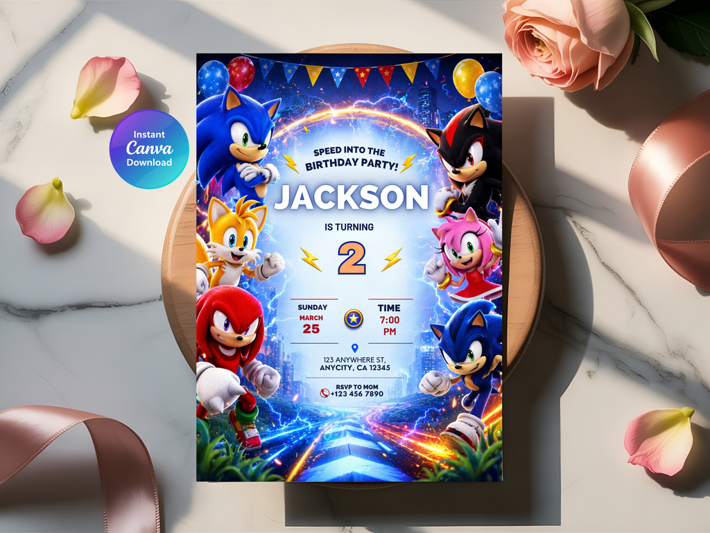 Sonic Birthday Invitation, Digital Instant Download in Canva