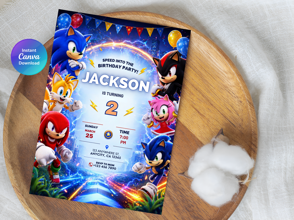 Sonic Birthday Invitation, Digital Instant Download in Canva