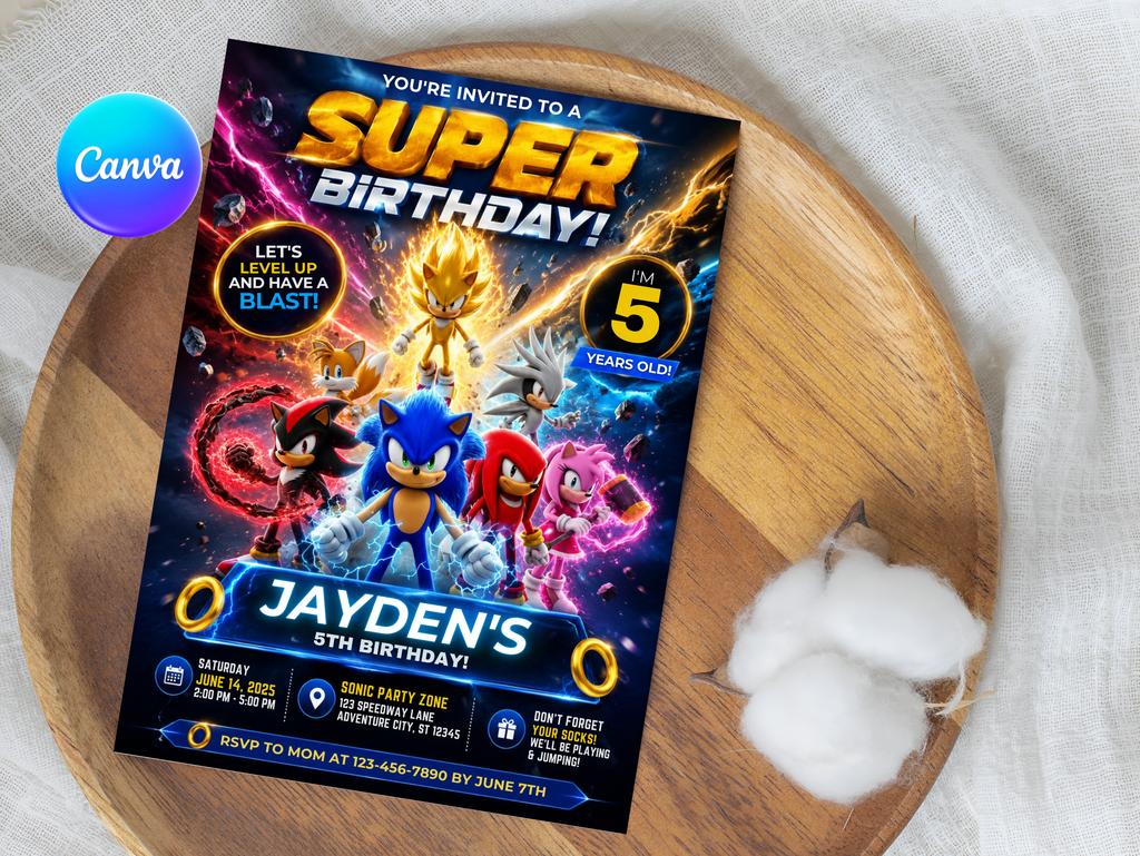 Sonic Birthday Invitation, Digital Instant Download in Canva