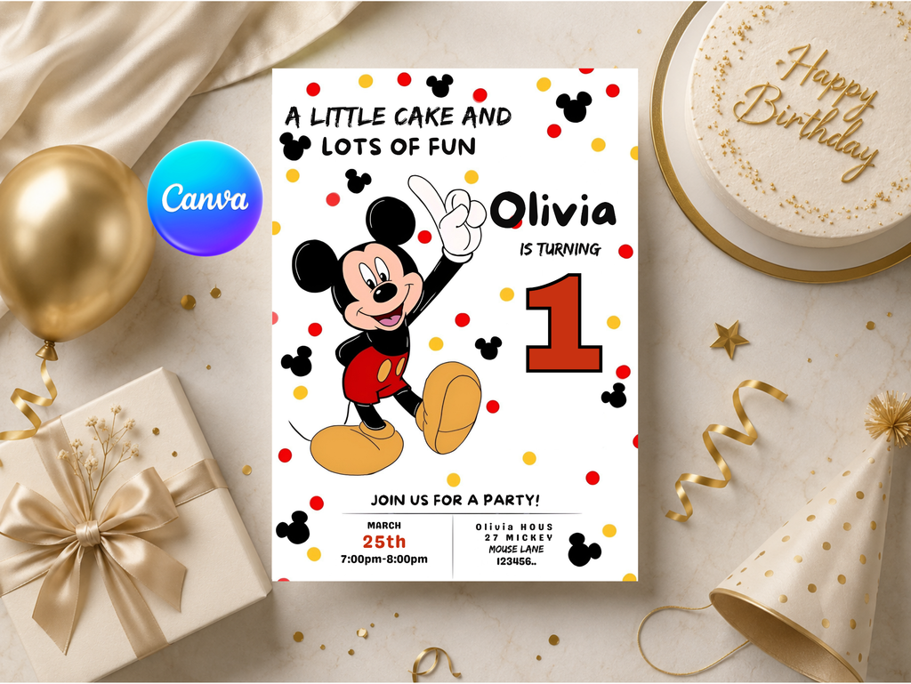 Mickey Mouse Birthday Invitation, Digital Instant Download in Canva
