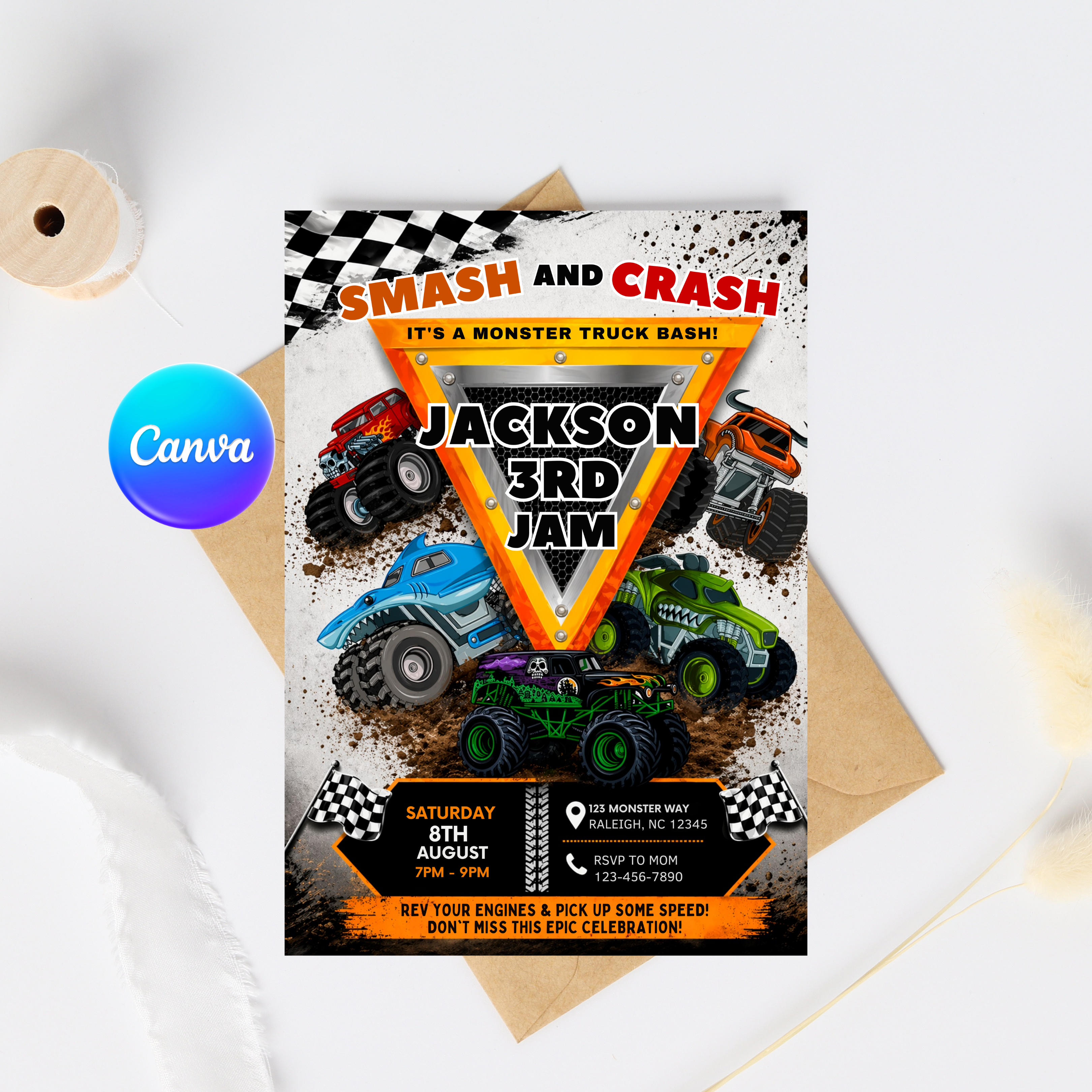 Monster Truck Birthday Invitation | Canva Template