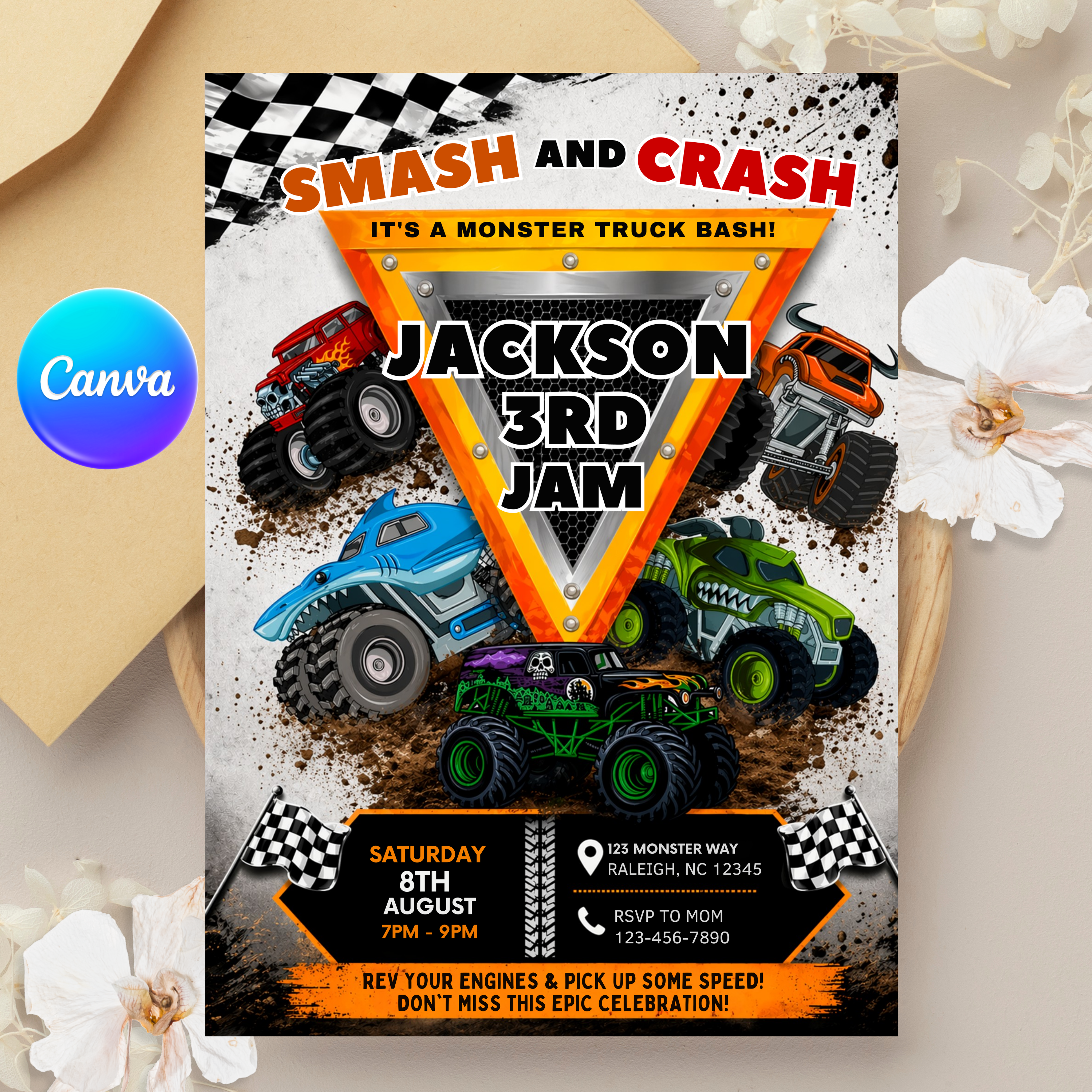Monster Truck Birthday Invitation | Canva Template