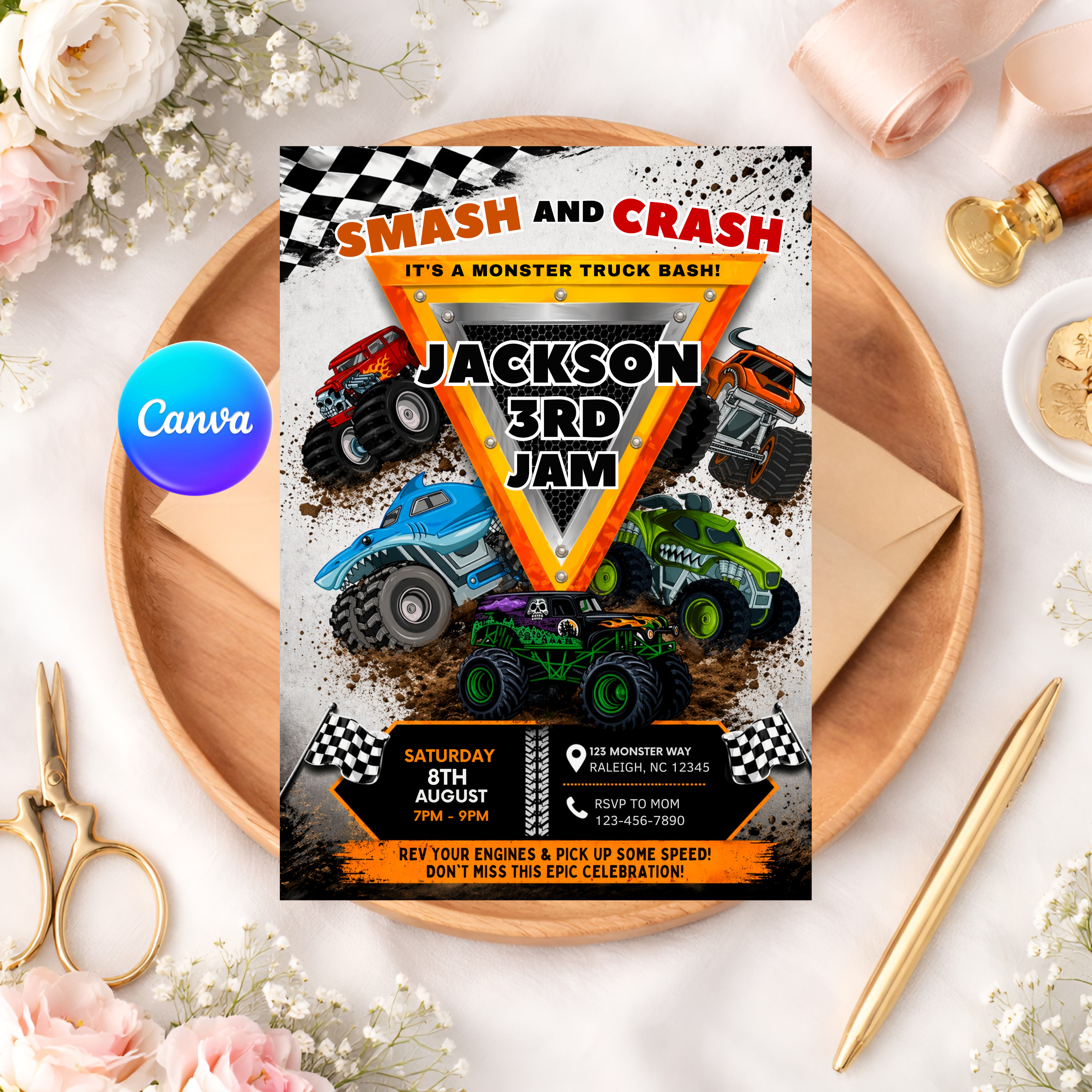 Monster Truck Birthday Invitation | Canva Template