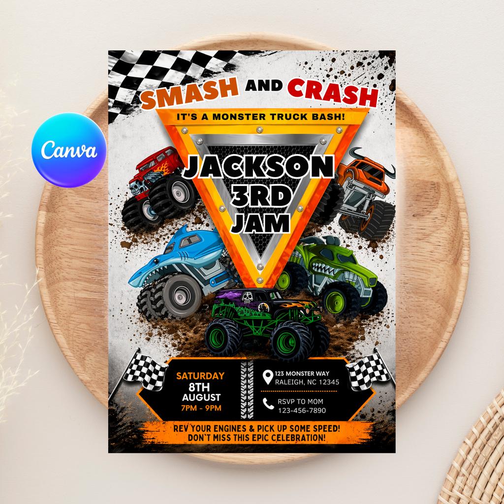 Monster Truck Birthday Invitation | Canva Template