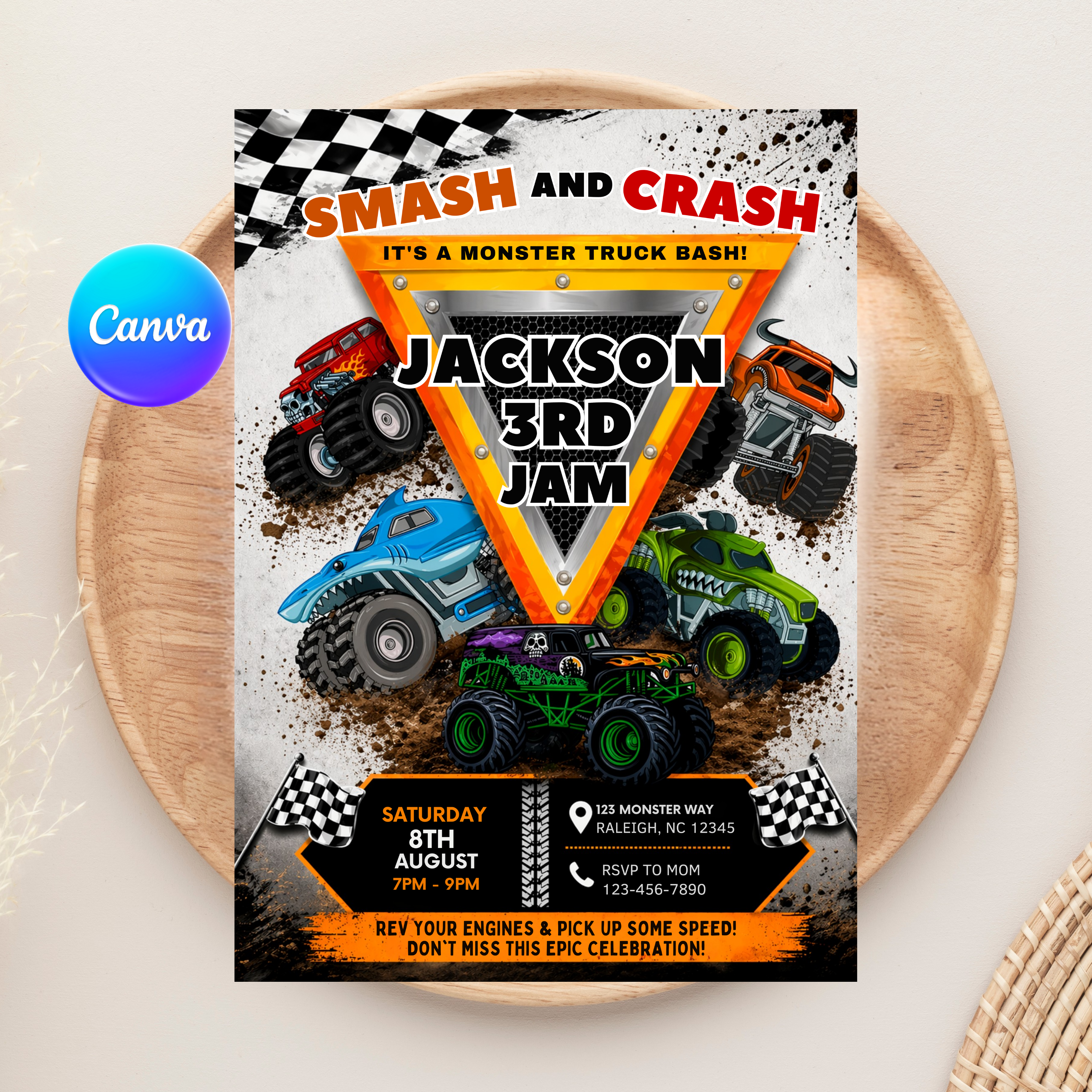 Monster Truck Birthday Invitation | Canva Template