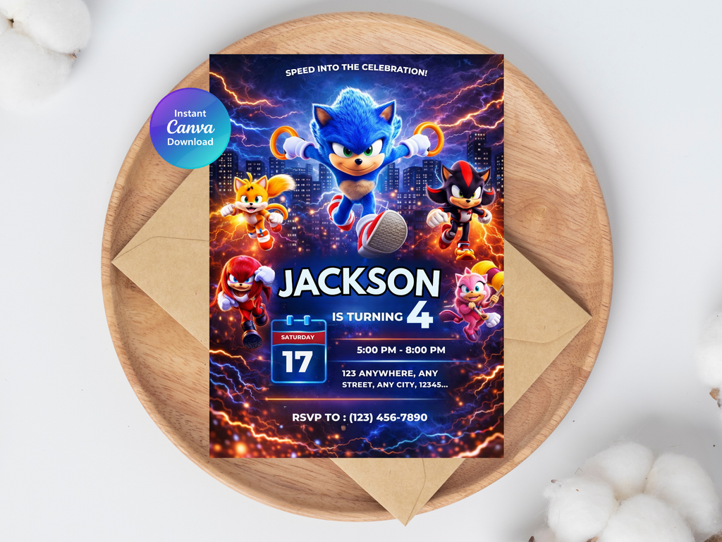 Sonic Birthday Invitation 4 | Editable Canva Template