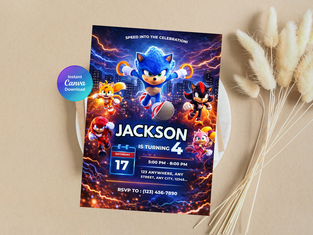 Sonic Birthday Invitation 4 | Editable Canva Template