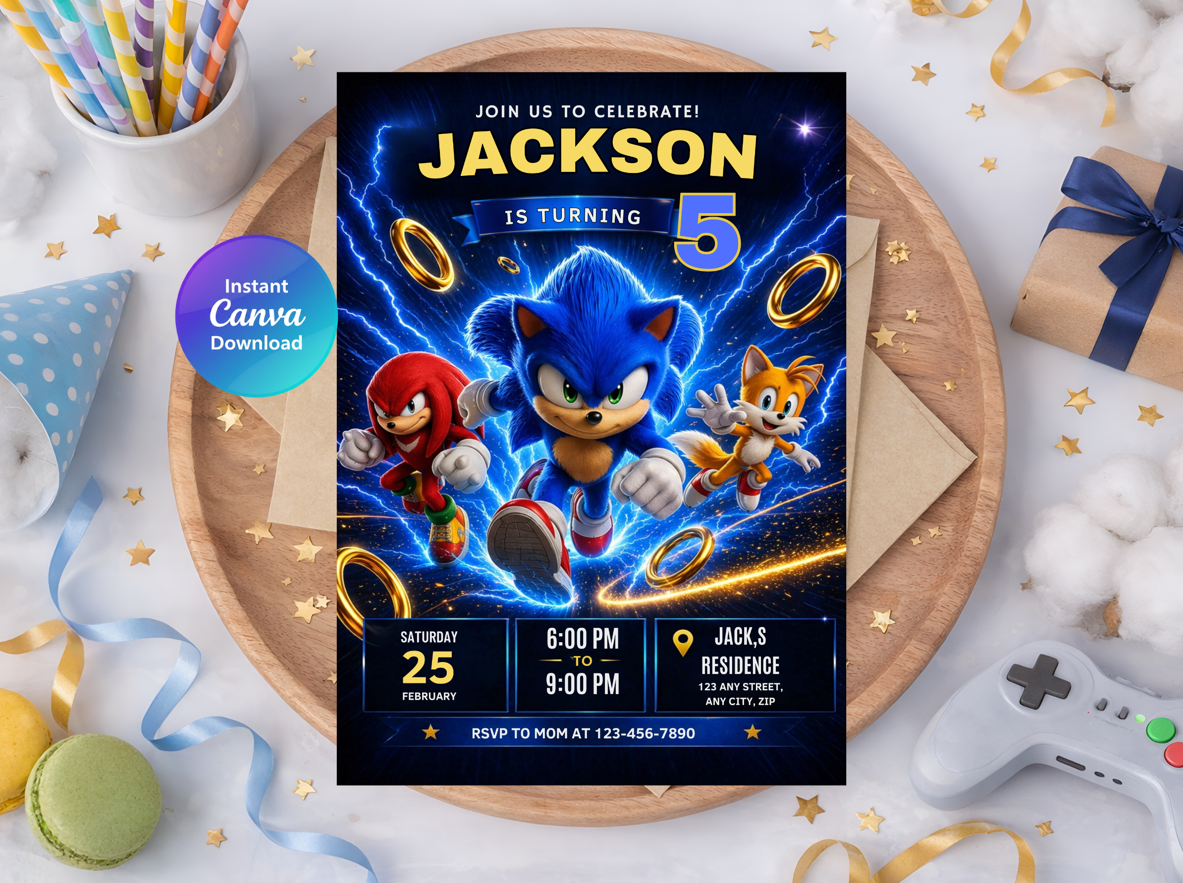Sonic Birthday Invitation | Editable Canva Template Digital download