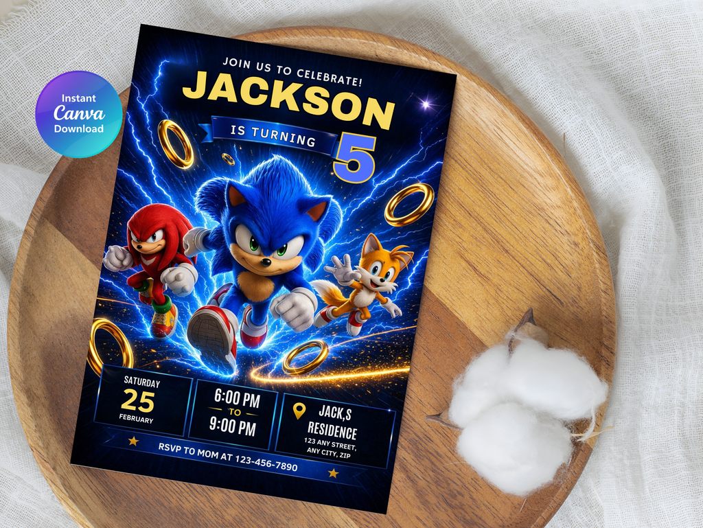 Sonic Birthday Invitation | Editable Canva Template Digital download