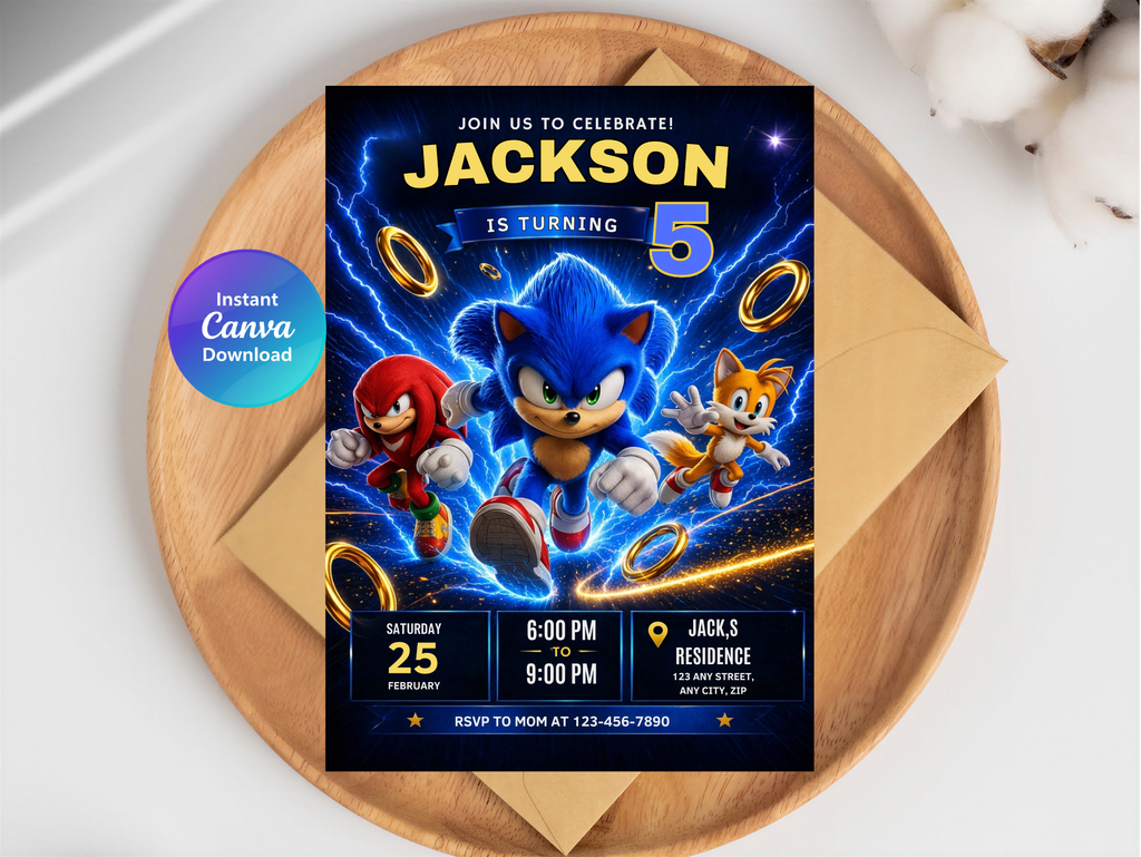 Sonic Birthday Invitation | Editable Canva Template Digital download