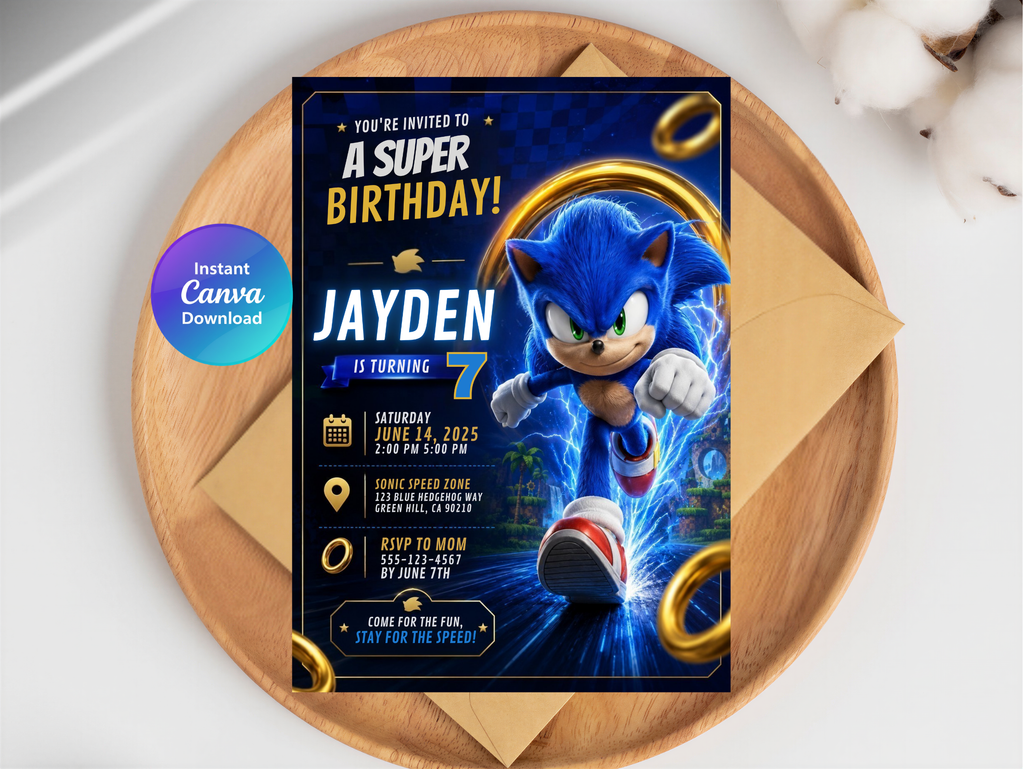 Sonic Birthday Invitation, Digital Instant Download in Canva