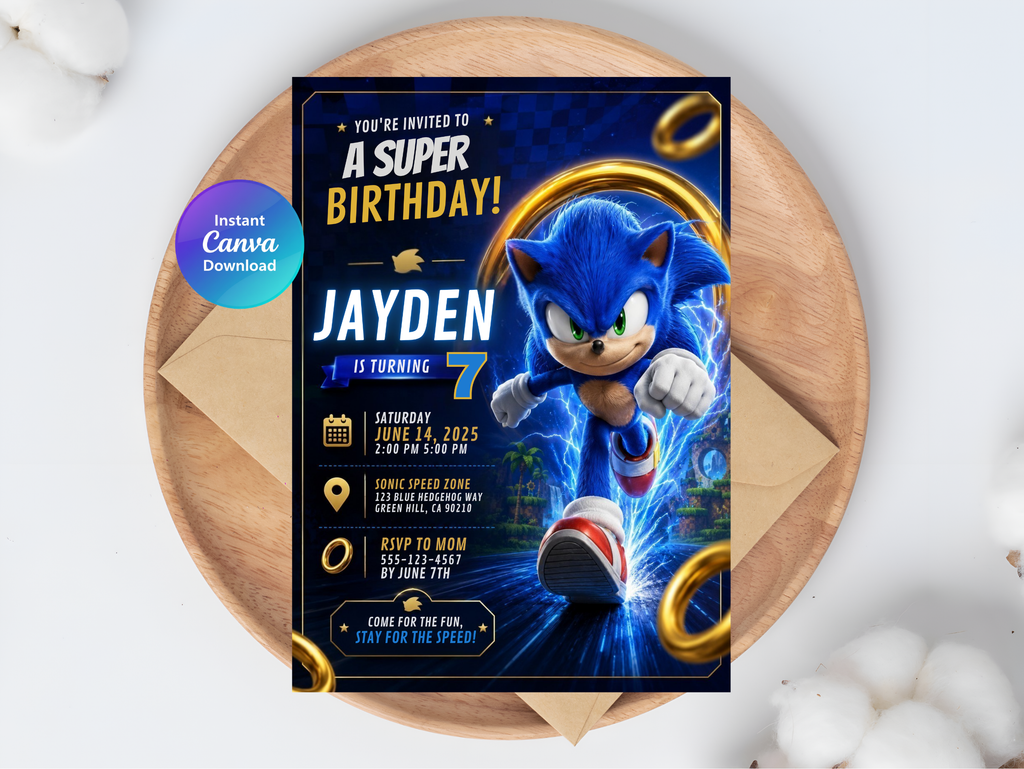 Sonic Birthday Invitation, Digital Instant Download in Canva