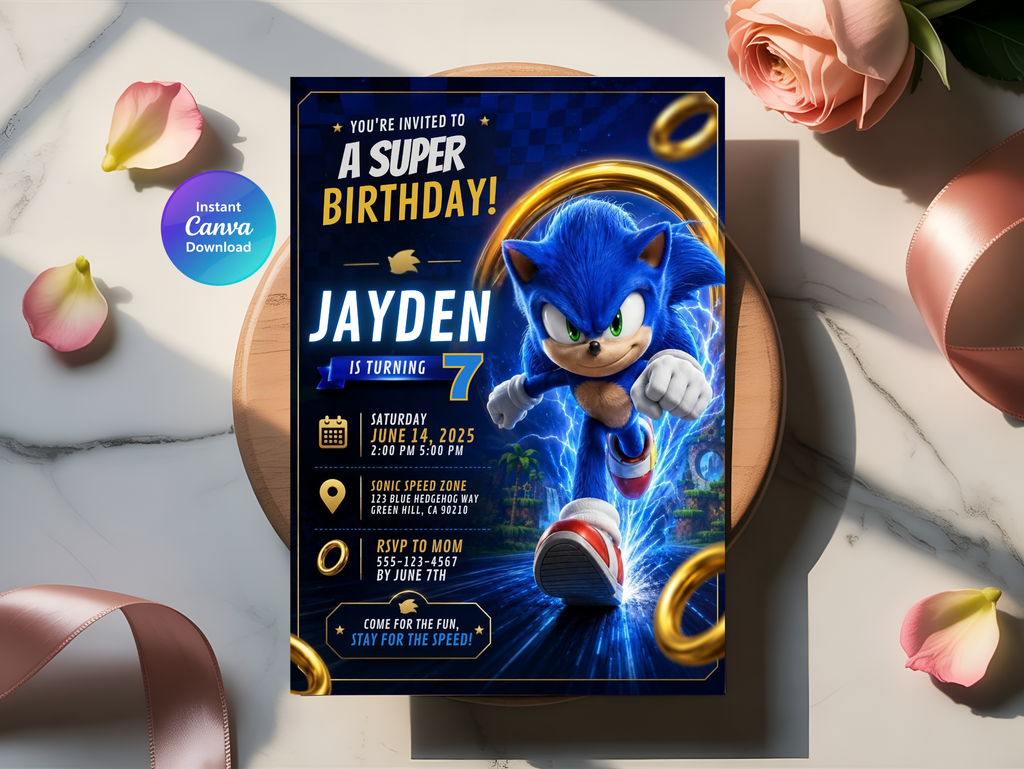 Sonic Birthday Invitation, Digital Instant Download in Canva