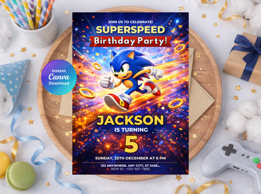 Sonic Birthday Invitation, Digital Instant Download in Canva