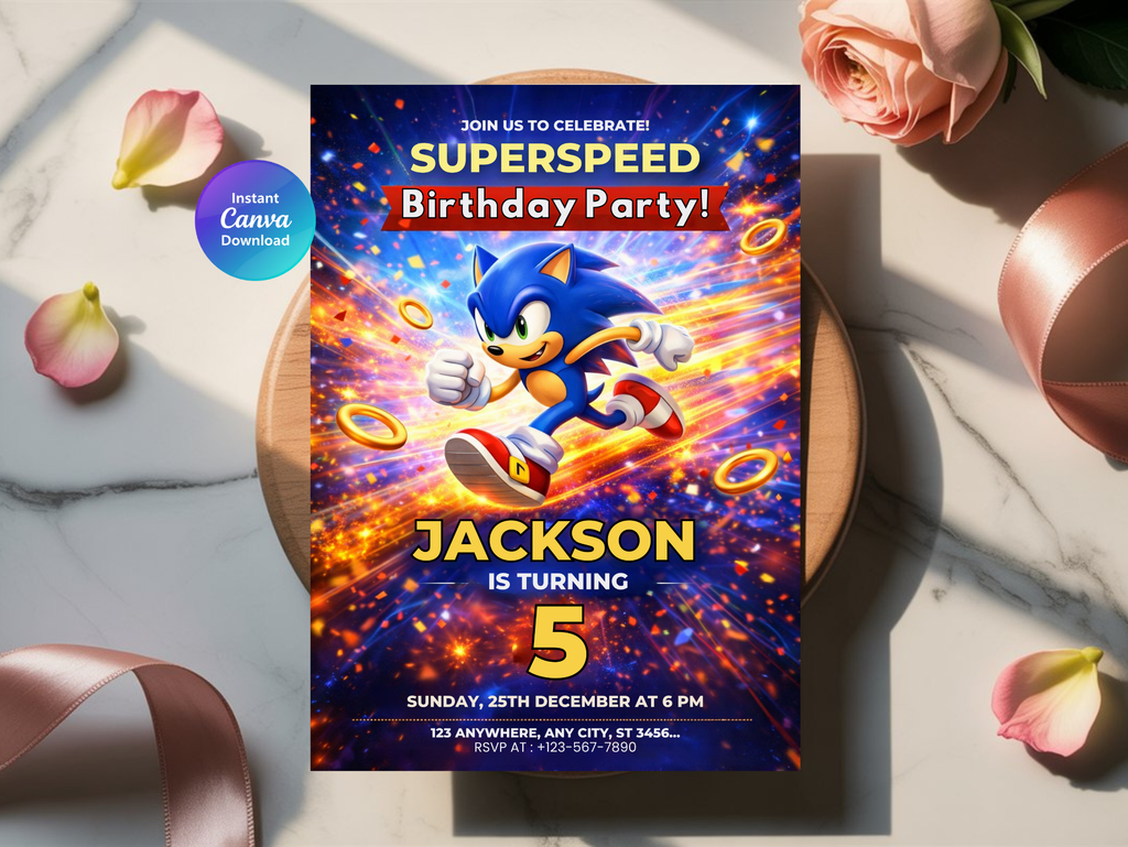 Sonic Birthday Invitation, Digital Instant Download in Canva