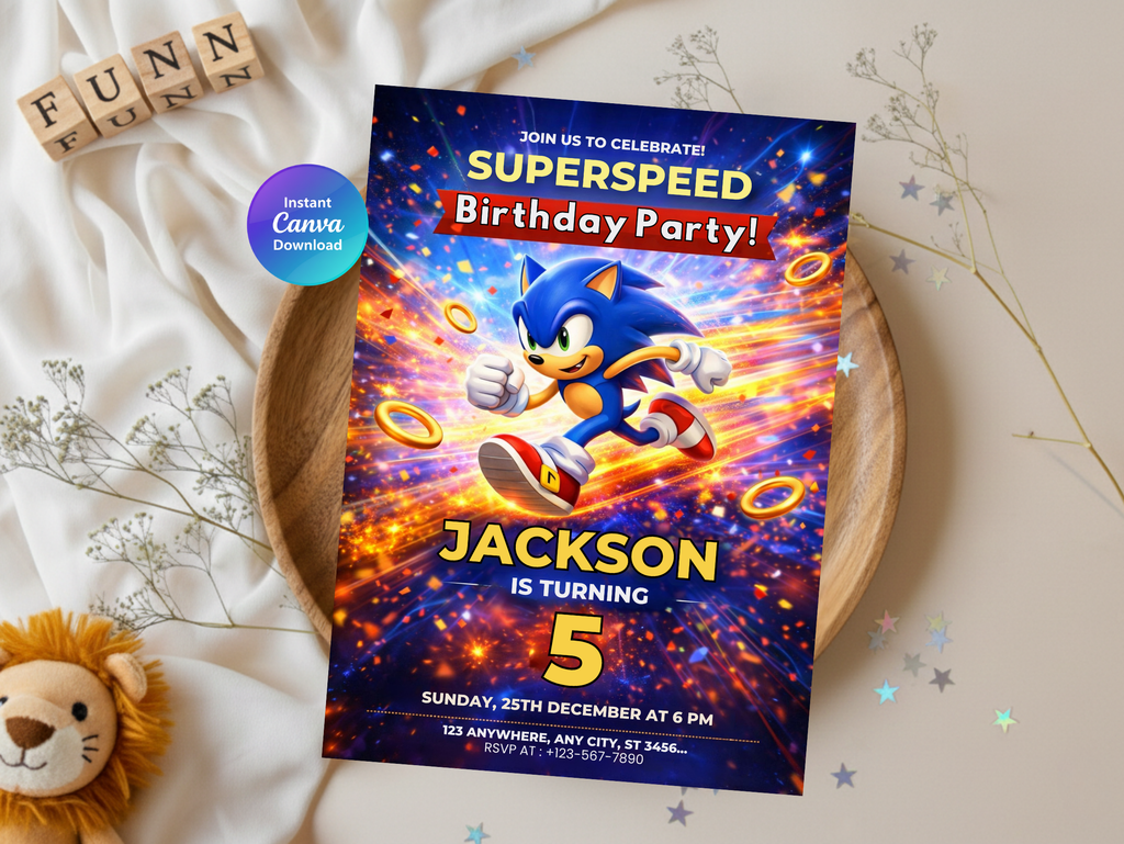 Sonic Birthday Invitation, Digital Instant Download in Canva
