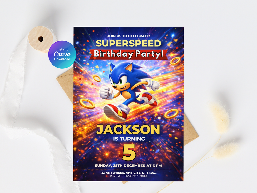 Sonic Birthday Invitation, Digital Instant Download in Canva